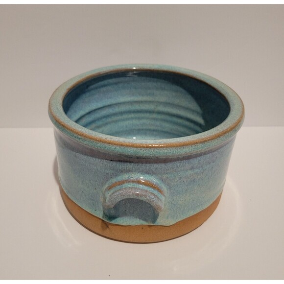 Handmade Studio Art Pottery Bowl with Handles Blue Swirl Glaze Artist Signed - Picture 4 of 9